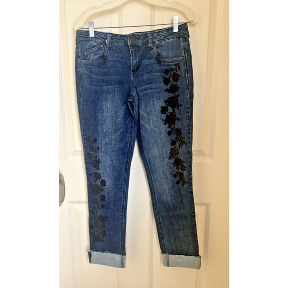 Mac And Me Womens Jeans Embroidered Skinny Blue Denim Floral Roses Raw Hem Mid 4 - Picture 1 of 8